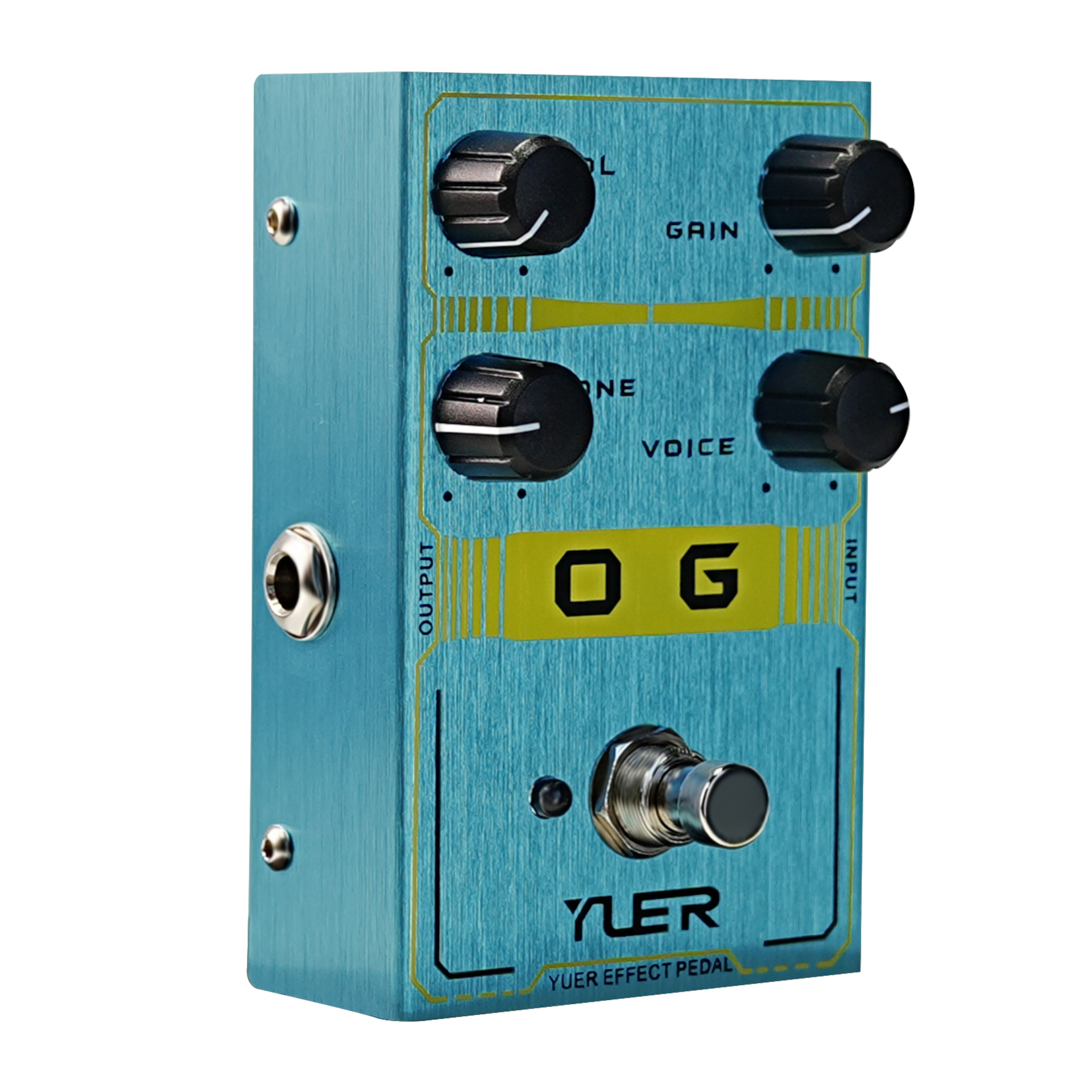 Gitarreneffektpedal, Overdrive-Pedal, blaues Metallgehäuse, vier Drehregler, Fußschalter